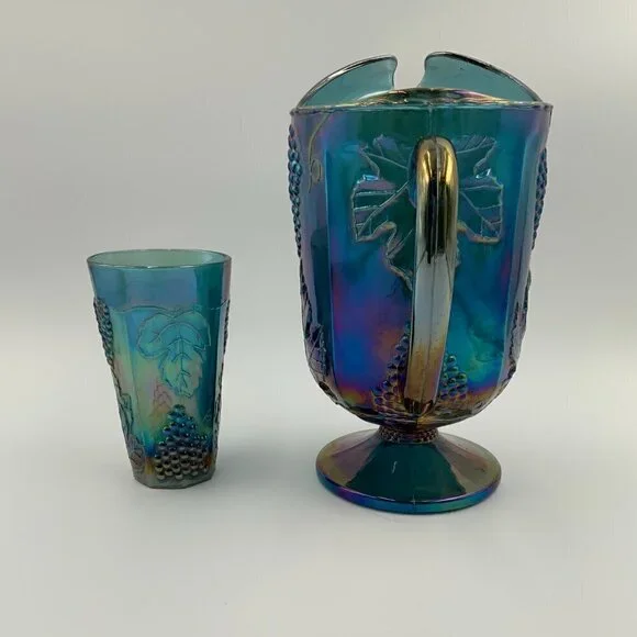 Vintage Blue Indiana Glass Grape Harvest Carnival Pitcher and Drinking Glass - Picture 5 of 8